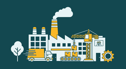 Naklejka premium Industrial factory complex illustration showing production shipping crane and logistics operations