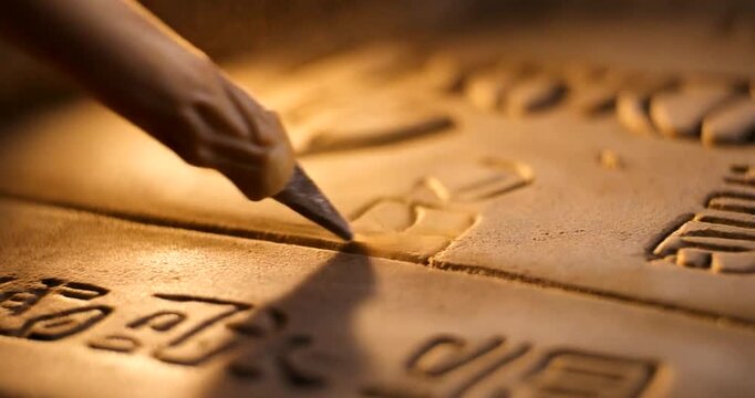 Ancient stylus writing cuneiform on clay tablet. Detailed carved symbols and wedge script under warm lighting. Historical writing for education and archaeology.