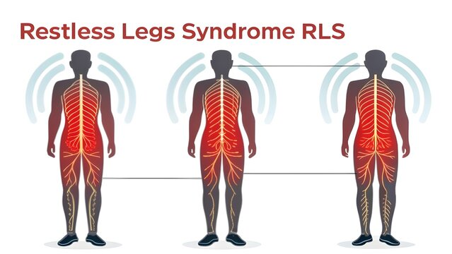 Infographic Style Medical Illustration Mapping Restless Legs Syndrome RLS, Neurological Pathways, Leg Pain Anatomy Diagram, Clinical Health Education Graphic
