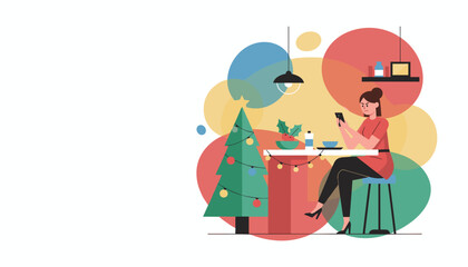 Angry woman uses smartphone alone during Christmas holiday dinner Digital isolation concept