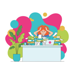 Stressed worker overwhelmed by paperwork mountains Deadline pressure and burnout concept