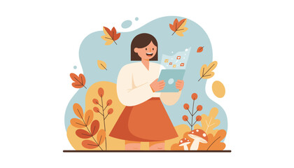 Smiling woman using tablet for social media updates in a beautiful autumn park illustration