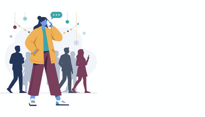 Casual woman on mobile phone amidst urban crowd in winter illustration lifestyle and communication