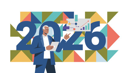 Executive analyzing 2026 business goals and strategy with growth charts and modern geometric design