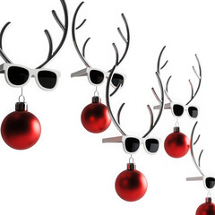 Reindeer antlers with sunglasses and christmas ornaments, festive holiday design isolated on transparent background