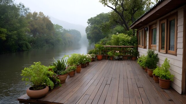 Wooden deck with potted plants beside a misty river a house and trees in the background