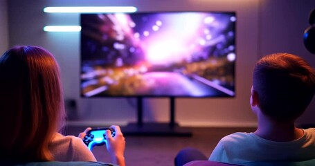 Enthralled Young Couple Immersed in Captivating Video Game on Television Screen with Dynamic Lighting in Comfortable Indoor Game Room Setting Footage