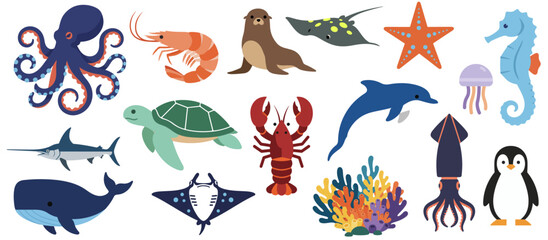 Fototapeta premium Sea Animals Collection –Editable flat vector style, including octopus, shrimp, seal, manta ray, starfish, seahorse, swordfish, turtle, lobster, dolphin, jellyfish, squid, penguin, whale, and coral