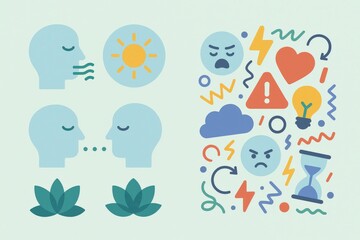 Emotional dynamics and cognitive processing illustrated through abstract human figures and various symbolic elements conveying feelings, thoughts, and states of mind