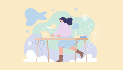 Fast working woman using laptop during winter Cozy remote work and business illustration