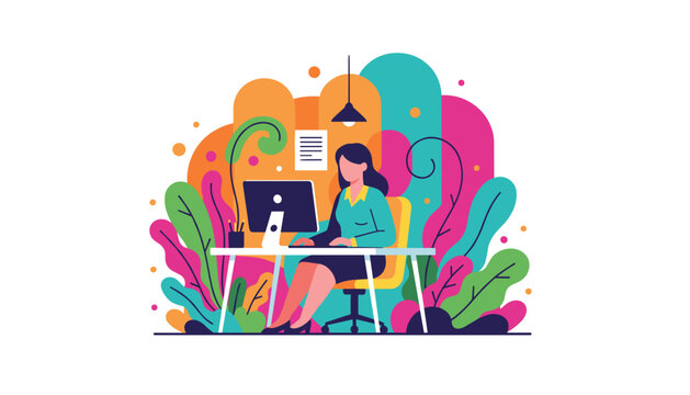 Modern work Woman using computer in a colorful stylized and lush environment