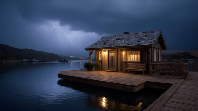 A rustic wooden cabin on a pier sits over dark water during a dramatic thunderstorm with lightning