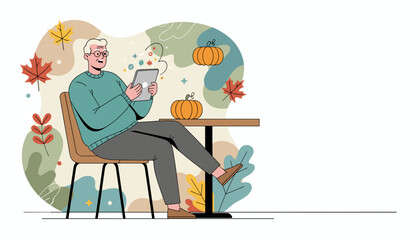 Senior man using tablet in a cozy autumn scene with pumpkins Digital life for seniors