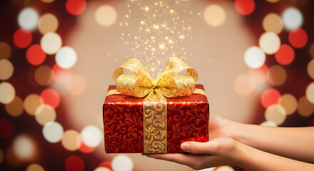 woman holding yellow ribbon with gift box on clear background, realistic photo of woman's hand offering mystical gift, 