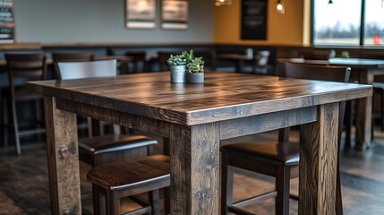 Cozy cafe table with plants with blurred background.