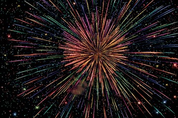 Vibrant Fireworks Display Against Black Backdrop Colorful Explosion Bursting Lines Festive Celebration