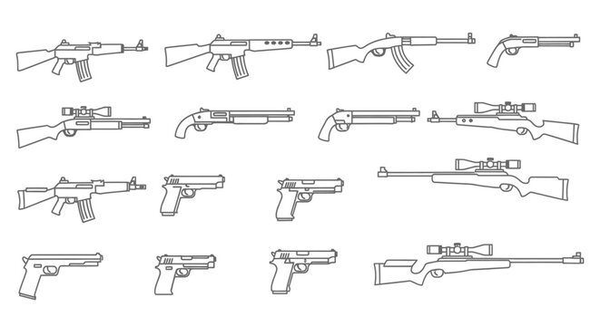 Set of various firearm icons line art vector illustration of different guns isolated on a white background