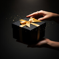 hand holding gift box on black background with spark, surprise holiday present  golden fairy dust explosion.
