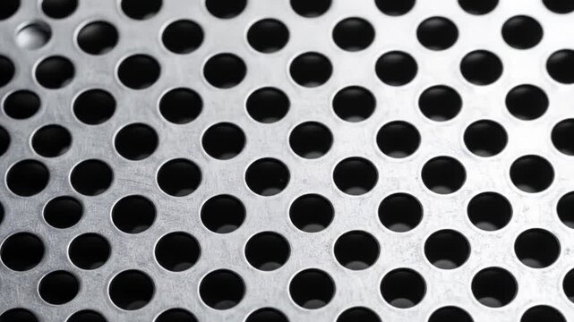 A close-up view of a metal surface with evenly spaced, circular holes, creating a pattern