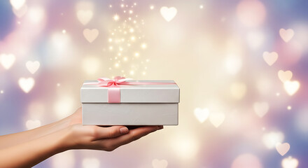 hand holding a gift box minimal pastel merry christmas card background, Perfect clean and minimalist holiday design for cards, social media posts, invitations, and festive presentations.