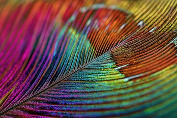 macro shot of an iridescent peacock feather tip with vibrant color reflections and intricate patterns, capturing delicate textures and nature's artistic complexity in a mesmerizing close-up experience