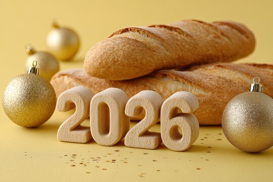 Golden wooden numbers 2026 arranged with baguette breads and Christmas ornaments on vibrant yellow background, festive holiday celebration and New Year decoration concept.