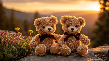 Obraz premium Adorable teddy bears enjoying a beautiful sunset in a peaceful natural setting
