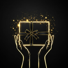 Hand Holding Gift Box Neon Outline on Dark Background, Glowing Neon Line Art Present for Birthday or Holiday Celebration Banner, celebration, banner, poster, invitation, promotion, event, template.