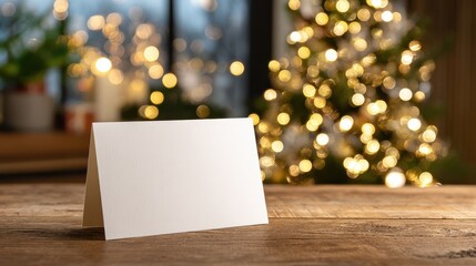 blank christmas card mockup on wooden table with festive bokeh lights in the background ideal for holiday greetings or invitations with copy space for customization