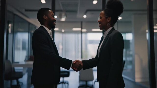 Cinematic scene of two business professionals shaking hands in front of large office windows