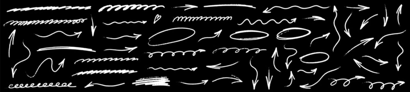 Artistic arrow elements using crayon shading, pencil sketching, clean underline highlights and textured brush effects. Each arrow layers crayon style, pencil marks, underline touches and brush motion.