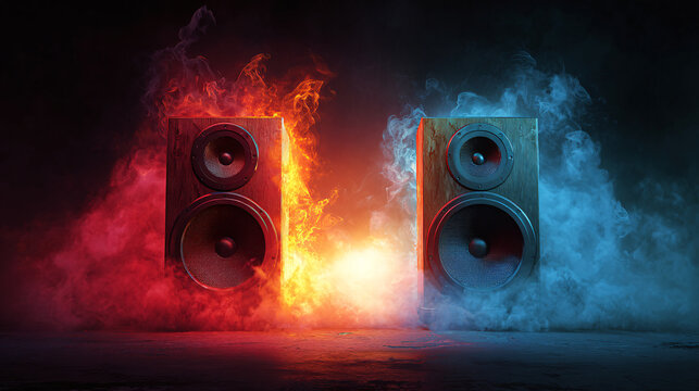 Powerful speakers blasting music with fire and ice for dynamic sound experience