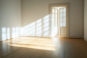 A serene room bathed in natural light, with a wooden floor that invites one to sink into the tranquility.