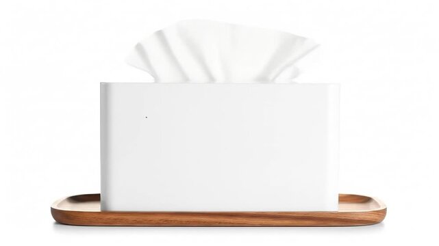A tissue box with tissues protruding, resting on a wooden tray against a white backdrop