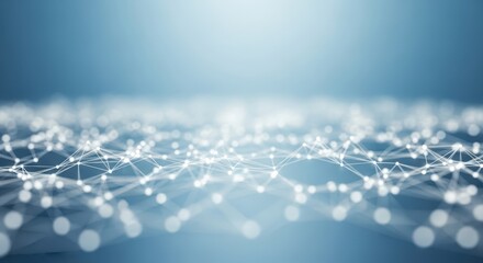 Abstract digital network connection concept with glowing nodes and lines forming a complex web structure on a blue gradient background, representing technology and data flow