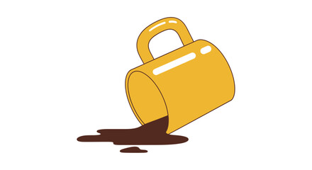 Yellow coffee mug tipped over, spilling a rich brown liquid onto a clean surface, creating a small, unexpected mess, an illustration depicting a very common household incident or mishap.