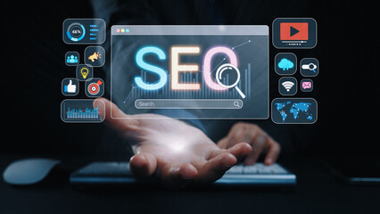 SEO concept for improving SEO visibility, with SEO related digital tools and SEO performance icons shown in an focused layout for strategic marketing. Elide