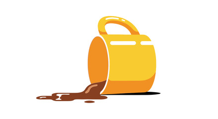 Yellow coffee mug tipped over, spilling a rich brown liquid onto a clean surface, creating a small, unexpected mess, an illustration depicting a very common household incident or mishap.