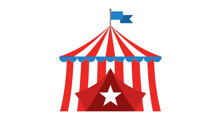 Obraz premium Red and white striped circus tent with blue scalloped trim and a blue flag atop its peak. this iconic big top, featuring a star emblem, symbolizes entertainment, thrill, fun shows.