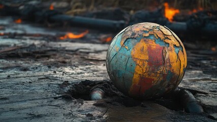A globe resting on muddy ground illustrates environmental issues. The flames in the background evoke a sense of urgency. Humanity must act. Generative AI