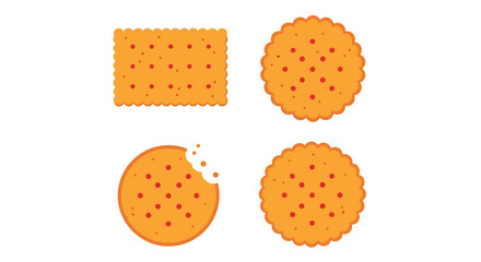 Four orange crackers or biscuits, two round, one rectangular, and one round with a bite, featuring red dots, on a clean white background, representing snack food.