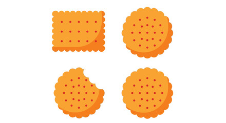 Flat vector illustration of assorted crispy crackers, including a square and round shapes, one with a bite taken out, featuring texture holes and wavy edges, ideal for food projects.