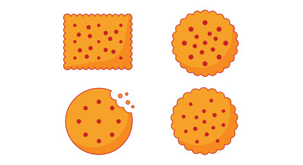 Set of orange and red dotted snack icons: a square cracker with wavy edges, two circular cookies with crinkled edges, and one round biscuit with a bite taken out, on a clean white background.
