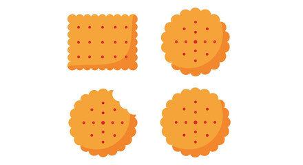 Crispy cracker assortment vector illustration featuring a perfect square biscuit, a classic round cracker, and a partially eaten round snack, ideal for food-related designs and concepts.