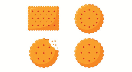 Crisp and delicious assorted crackers vector illustration set, featuring a square biscuit, whole round cookies, and a bitten round snack with crumbs, perfect for food industry designs