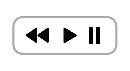 Media player interface button set featuring simple black rewind, play, and pause icons within a rounded rectangular white container with a subtle gray border for digital content control