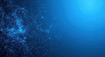 Abstract blue background with glowing digital network structure and interconnected particles forming a complex web on the left side, suitable for technology or data visualization concepts