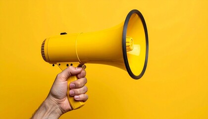 Hand Holding Yellow Megaphone with Paint Streak on Solid Yellow Background
