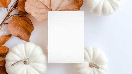 White blank greeting card mockup with white pumpkins and autumn leaves arranged on the left side over a light background, top view layout offering free space for text, ideal for Halloween or fall cele