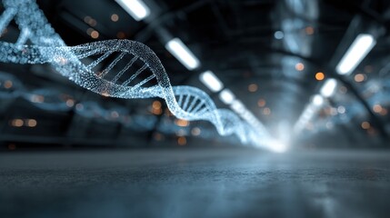 Abstract glowing blue DNA double helix strands in a futuristic dimly lit tunnel